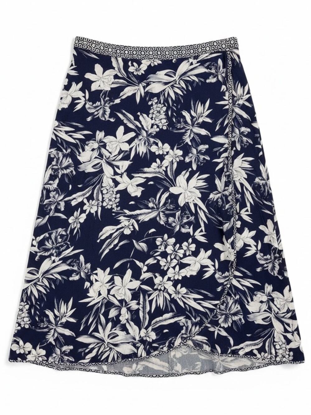 Tommy Bahama Floriana Twinned Maxi Skirt Tropical Navy White Faux Wrap Size 12